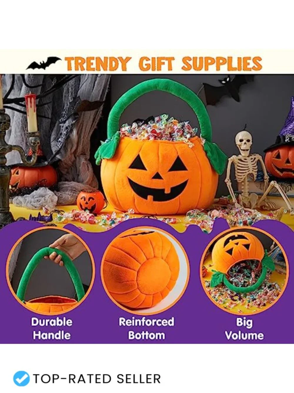 Plush Halloween Pumpkin Tote Bucket, Trick or Treat Candy Bag with Handle for